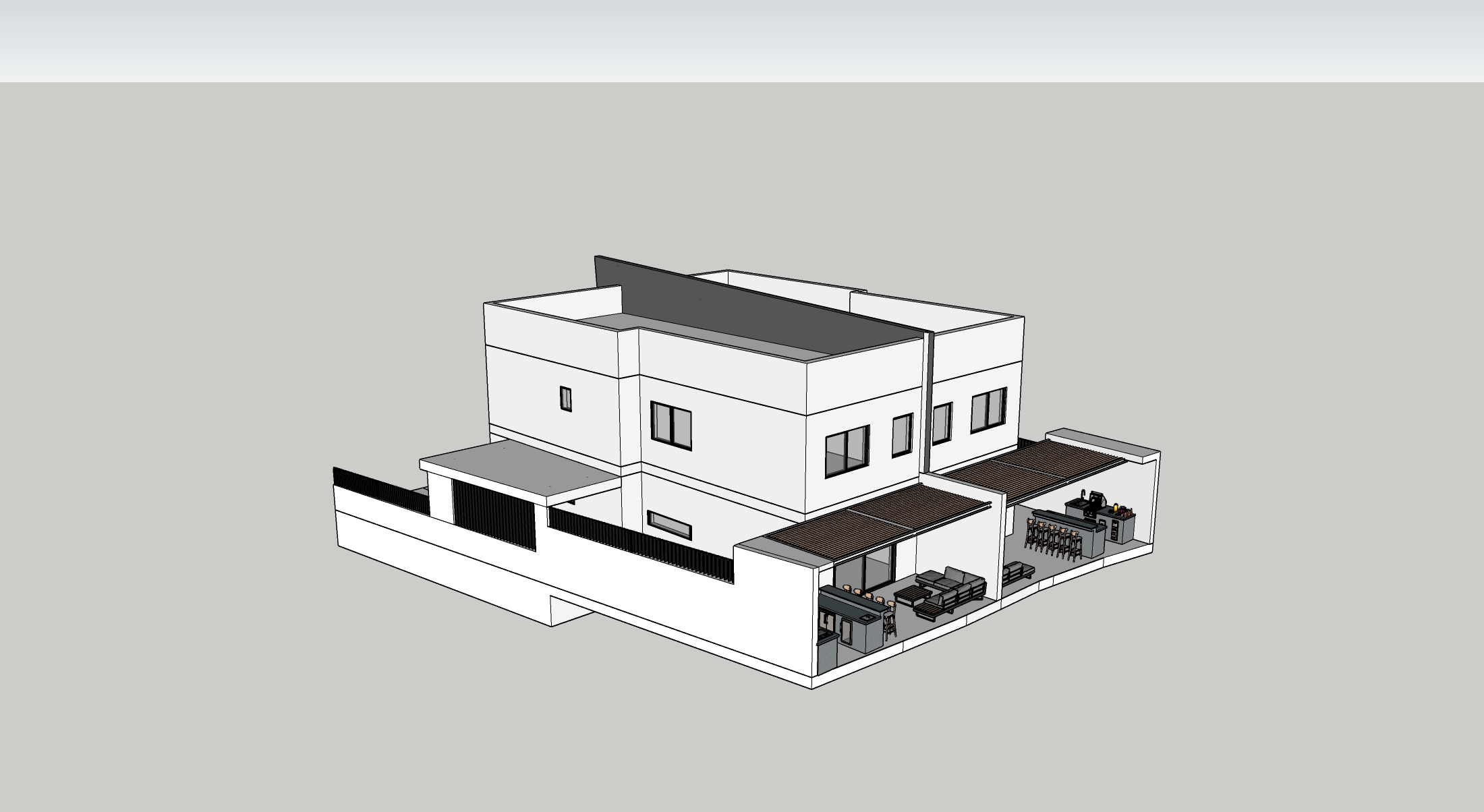 Elevated view of backyard with outdoor sofas and bar